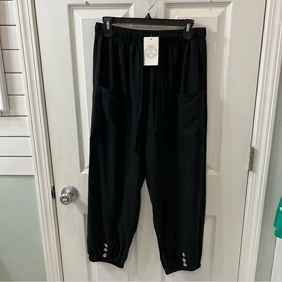 Black Pocket-Tie Waist, button accent lightweight cotton blend pants size L nwt - Picture 5 of 13